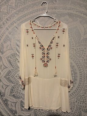 Miss Me Embroidered Boho Peasant Dress Ivory Orange Rust Size Large MDD218L